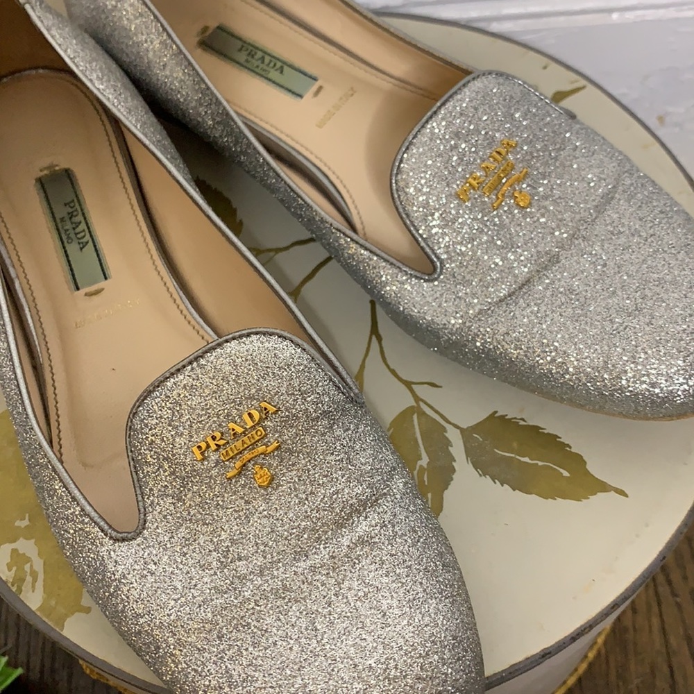 Vintage Prada Silver Sparkle Flat Loafers - Picture 4 of 16